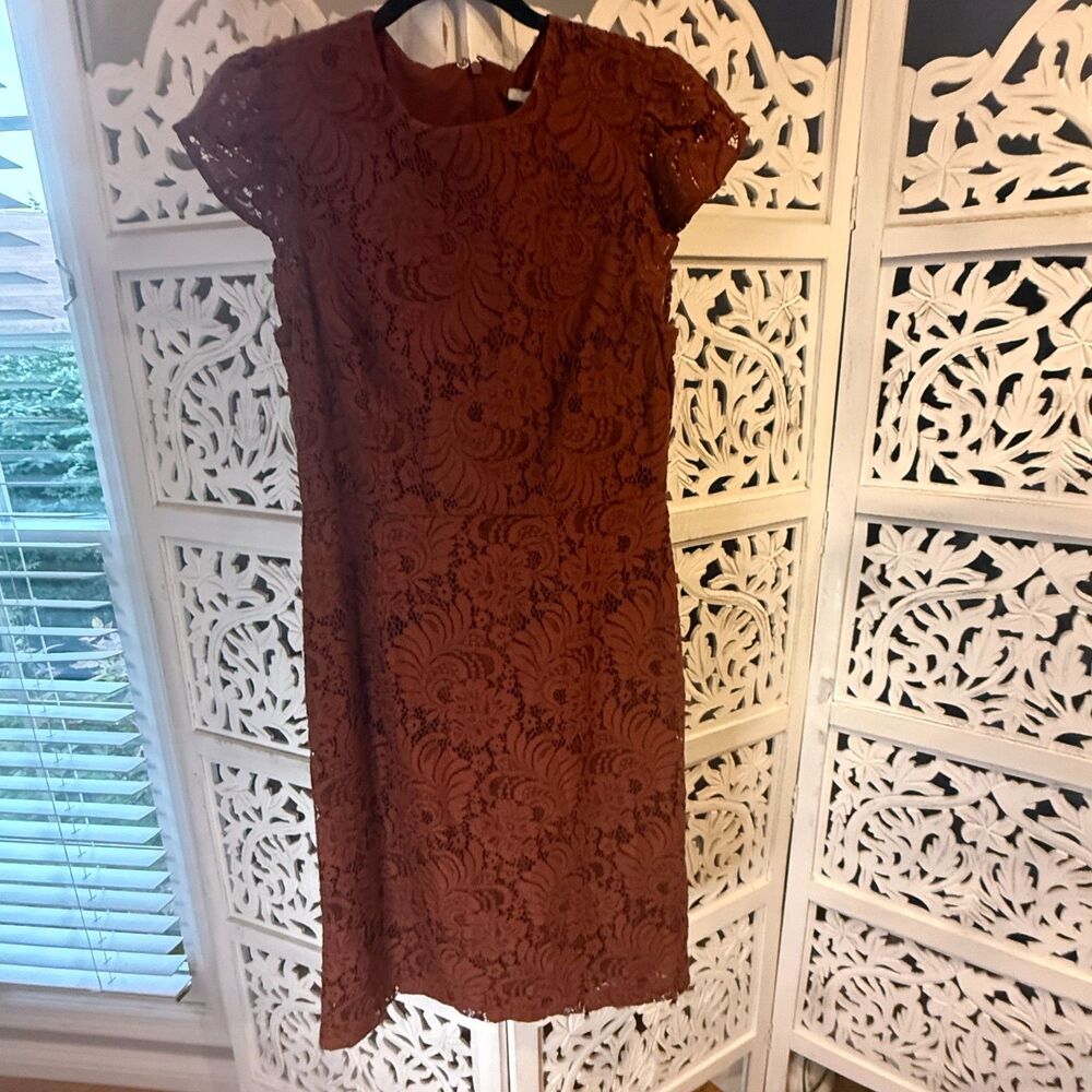 H and M  Burnt Orange/Rust Lace Cap Sleeve Midi Dress size 12 NWT